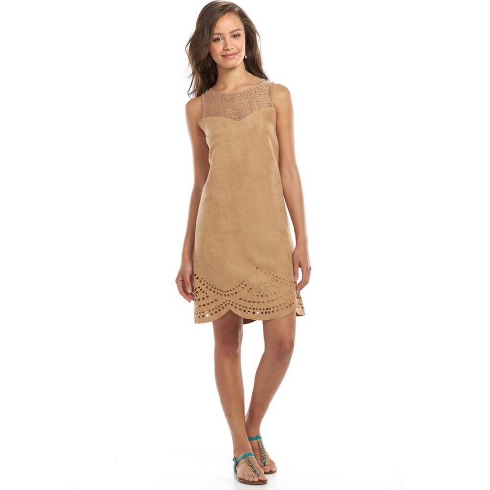 Faux suede lace-yoke shift dress